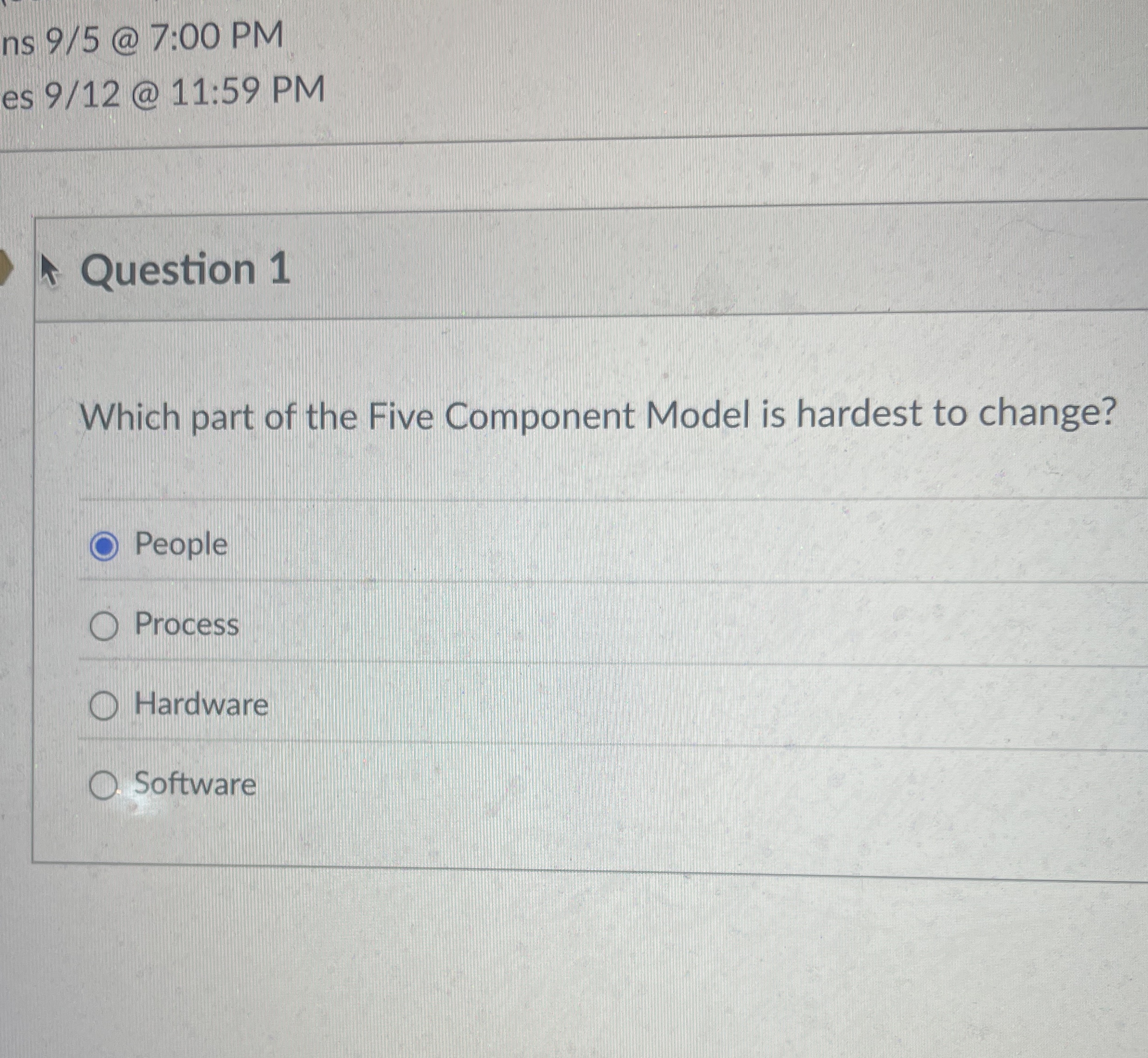 Question 1 Which part of the Five Component Model