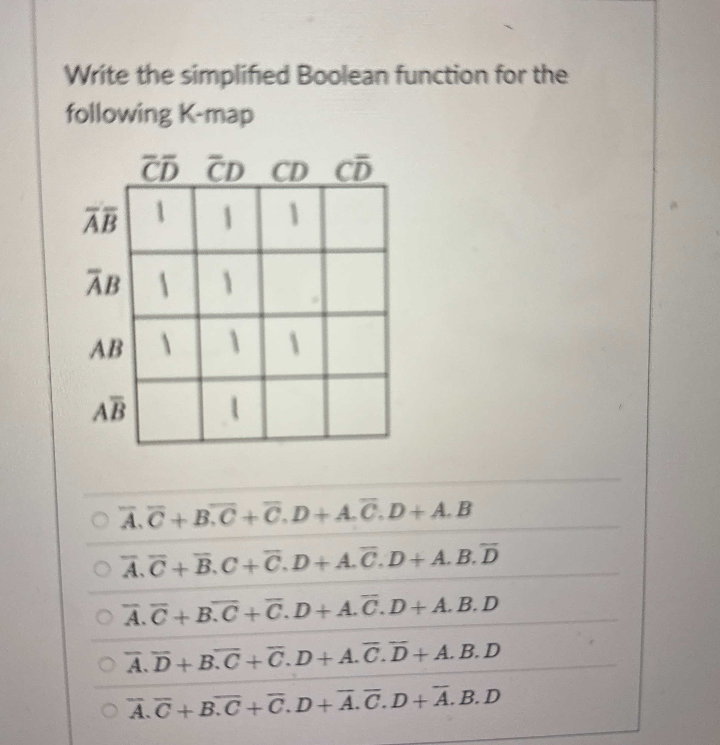 Write the simplified Boolean function for the