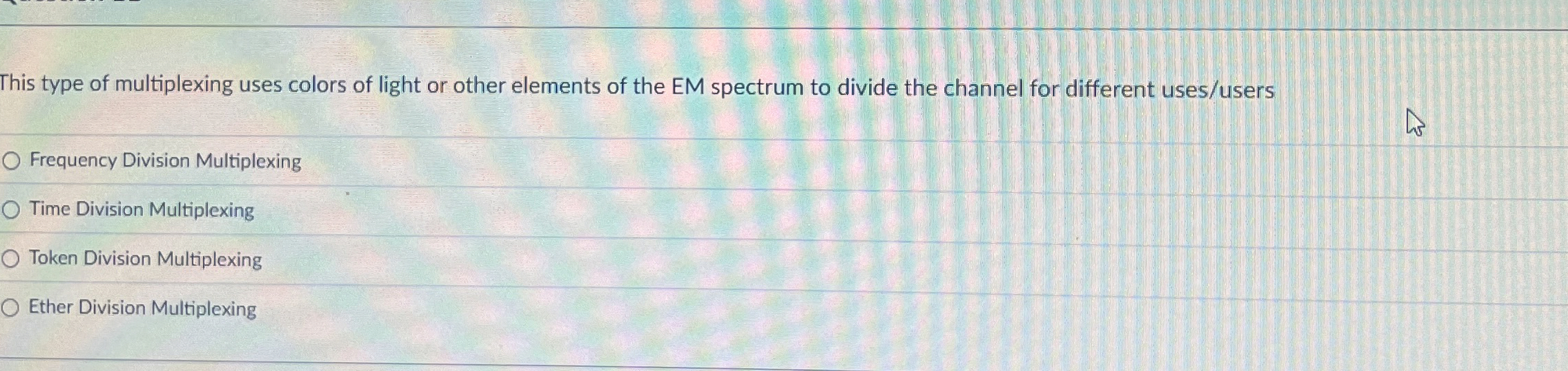 This type of multiplexing uses colors of light or