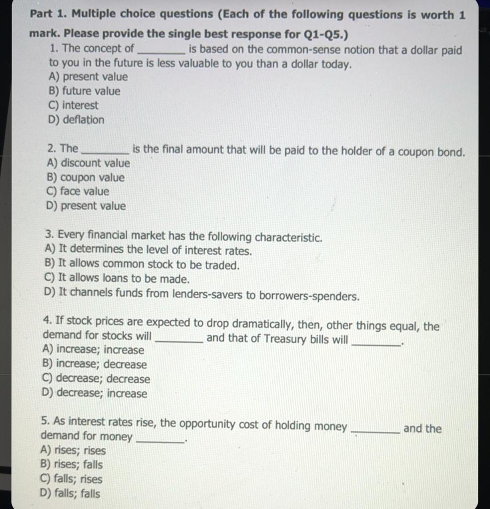 Part 1. Multiple choice questions (Each of the
