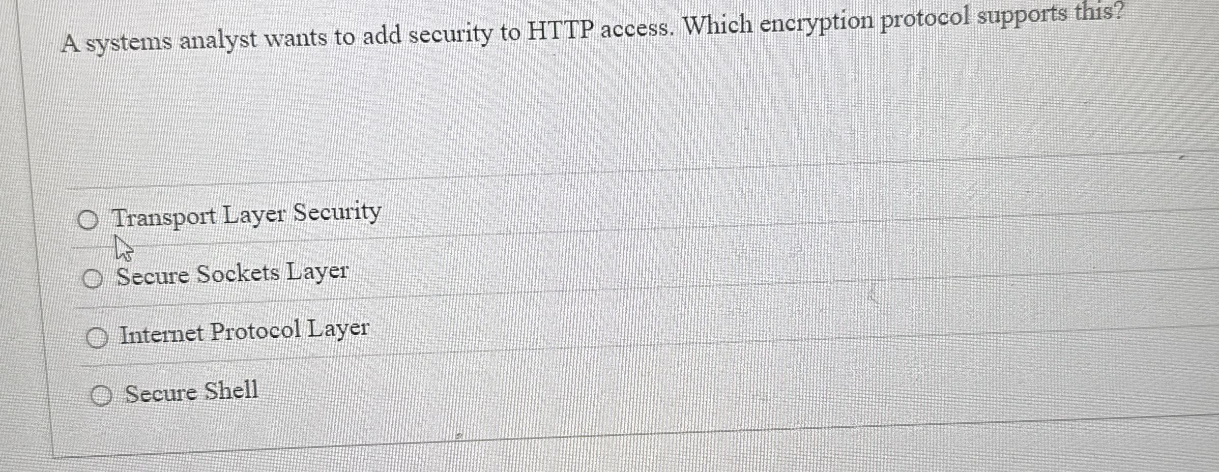 A systems analyst wants to add security to HTTP