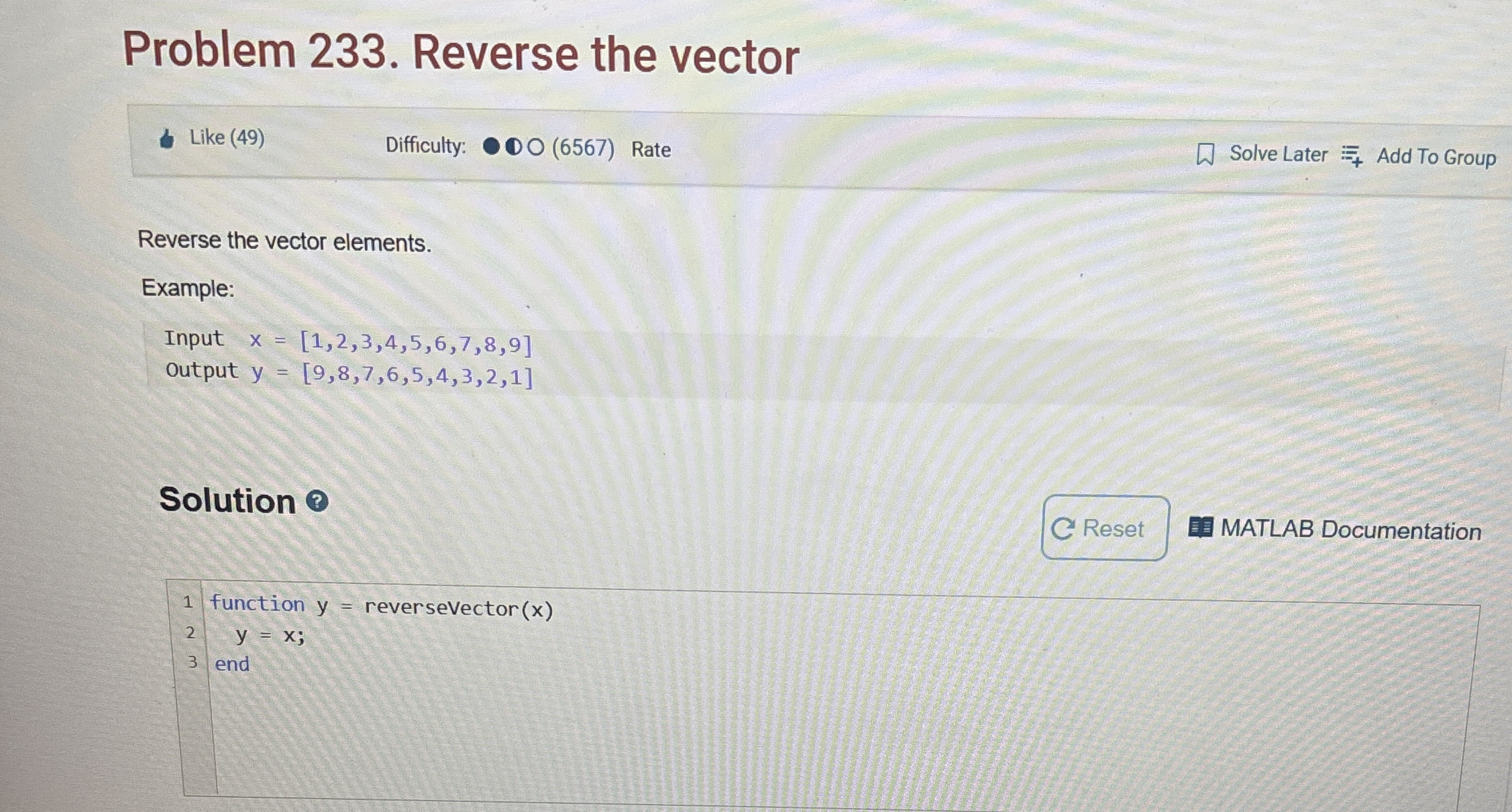 Matlab Cody problem 2 3 3 Reverse the vector