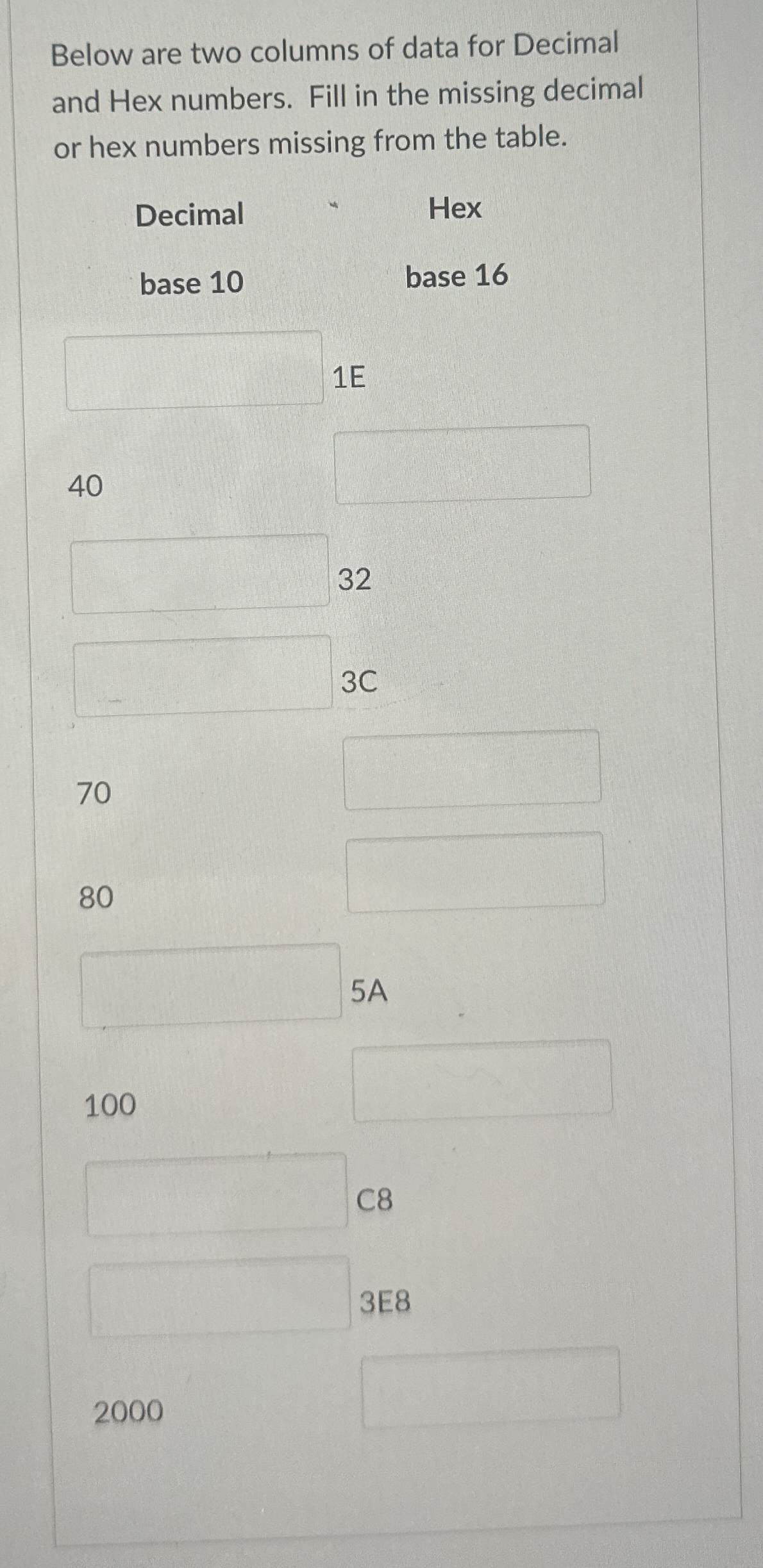 Below are two columns of data for Decimal and Hex