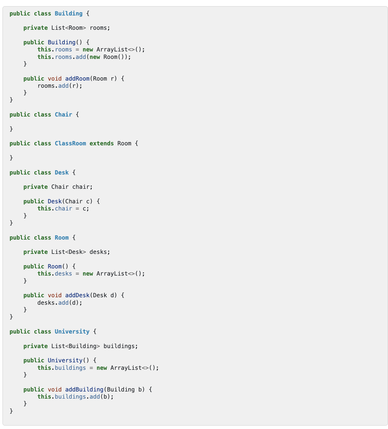 public class Building { private List rooms;