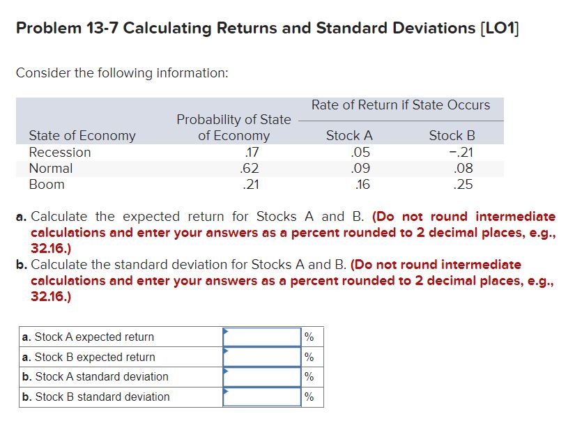 Problem 13-7 Calculating Returns and Standard