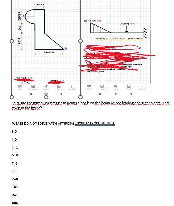 Calculate the maximun stresses at paints a and b