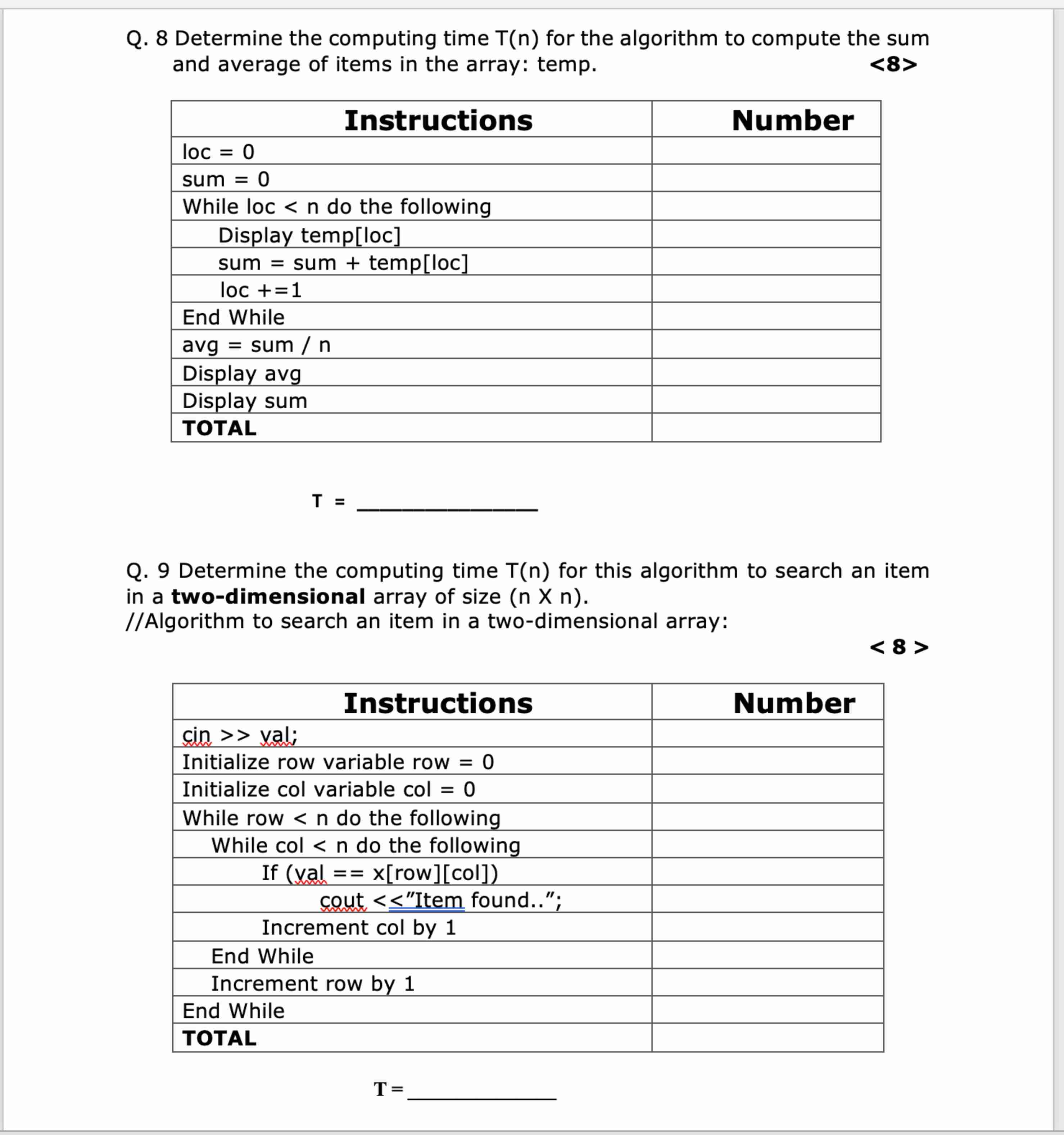 Q . 8 Determine the computing time \ ( T ( n ) \