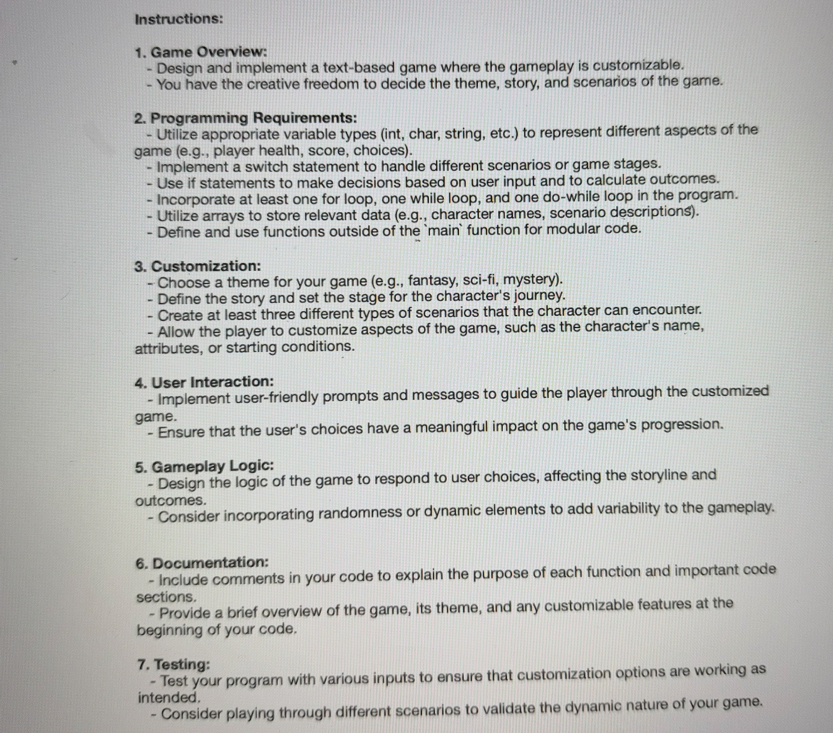 Instructions: Game Overview: Design and implement