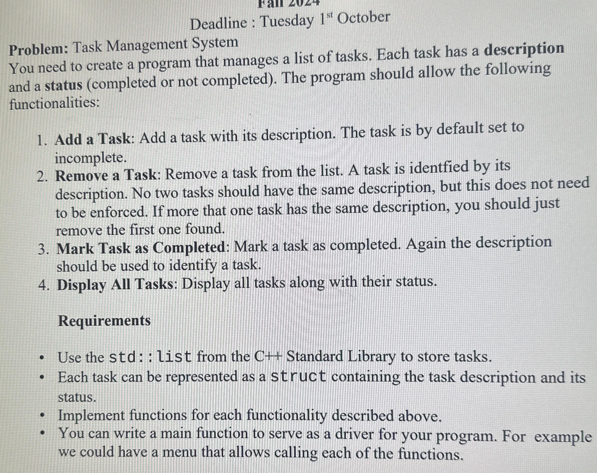 Deadline : Tuesday 1 s t October Problem: Task