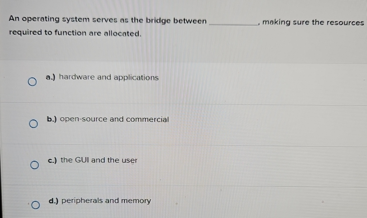 An operating system serves as the bridge between