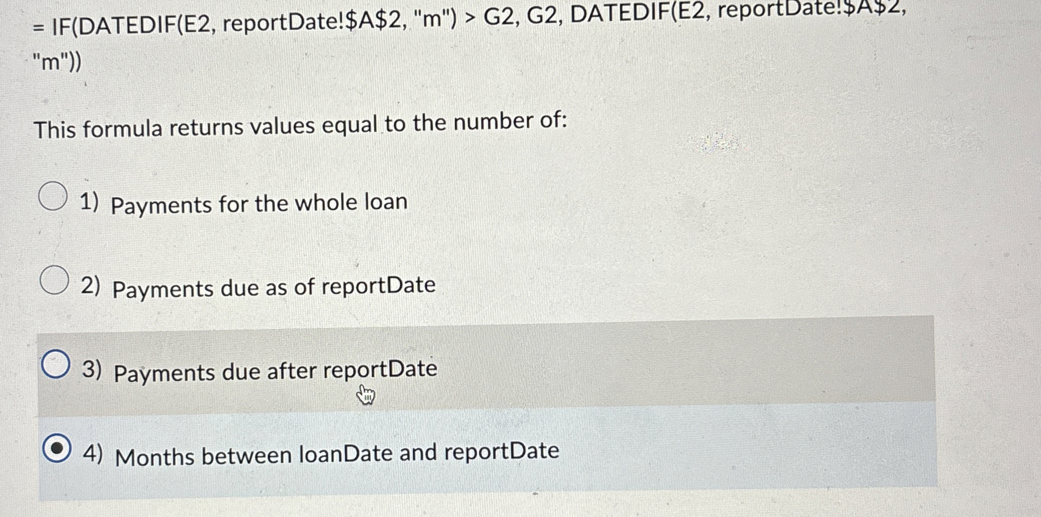 = IF ( DATEDIF ( E 2 , reportDate!$A$ 2 , " m " )