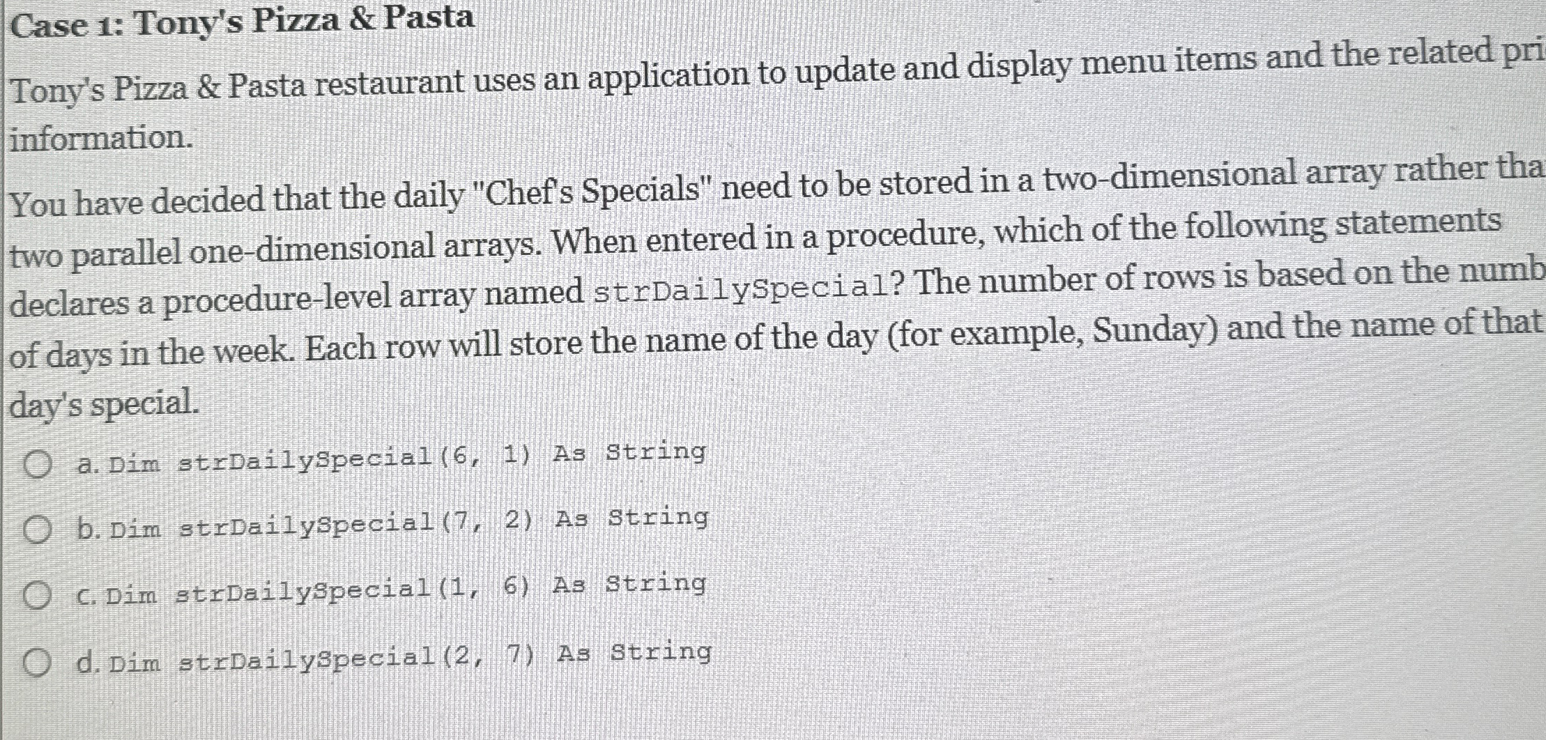 Case 1 : Tony's Pizza & Pasta Tony's Pizza &