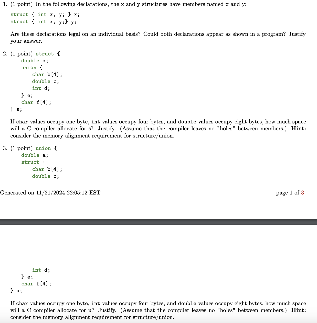 1 . ( 1 point ) In the following declarations,