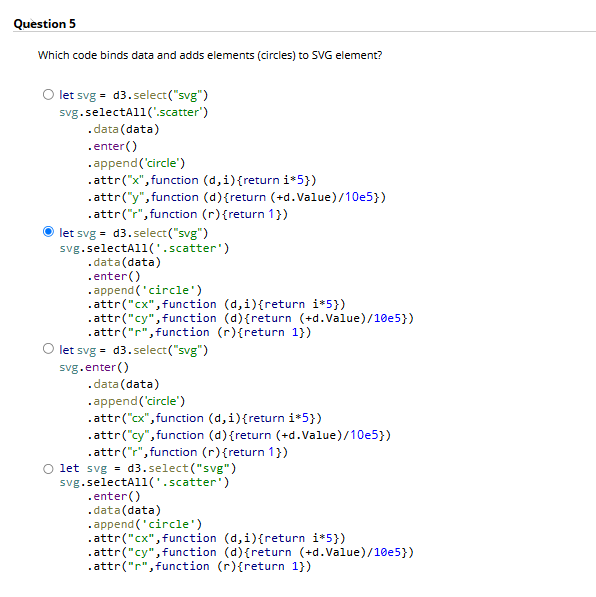Question 5 Which code binds data and adds