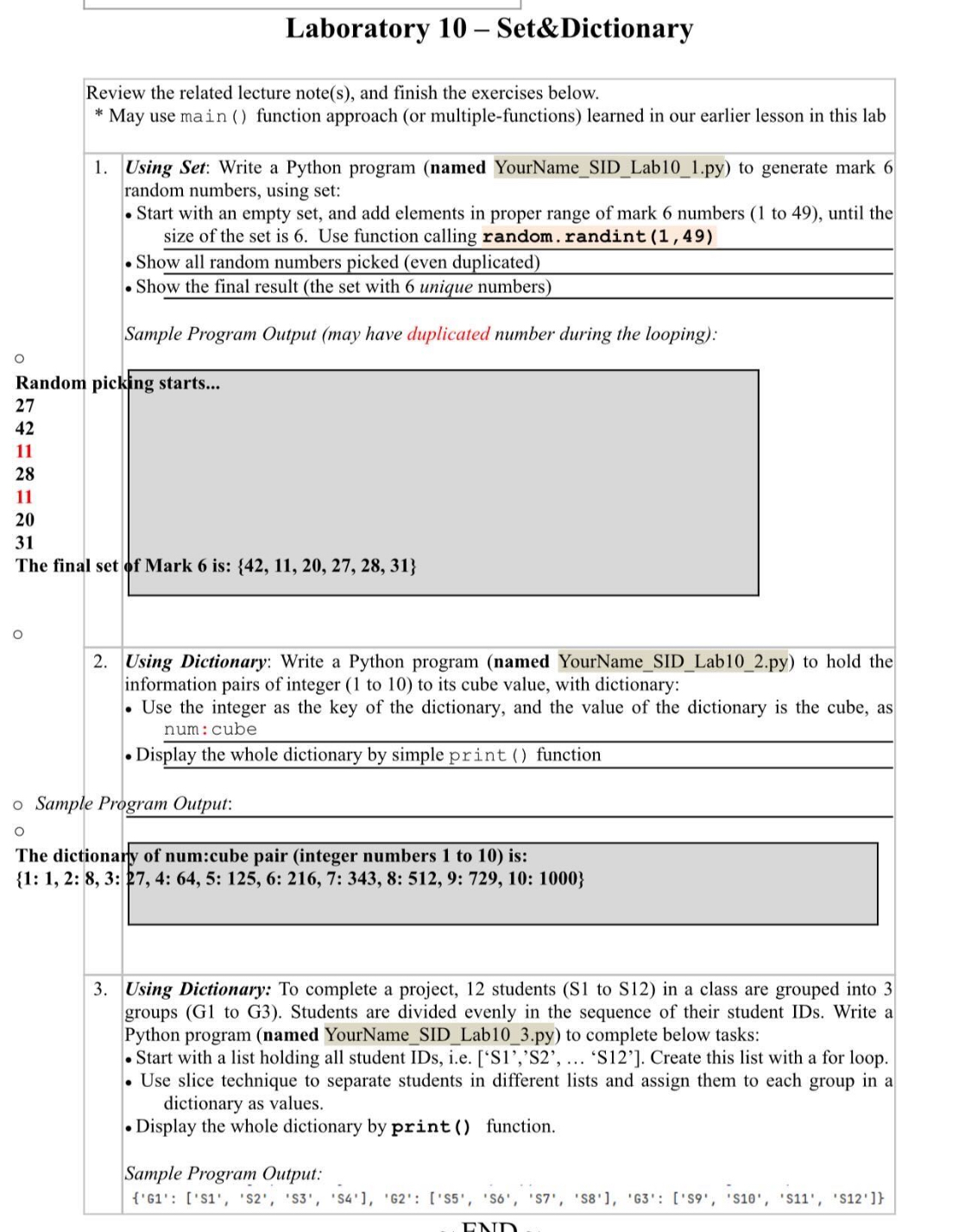 Laboratory 1 0 - Set&Dictionary Review the