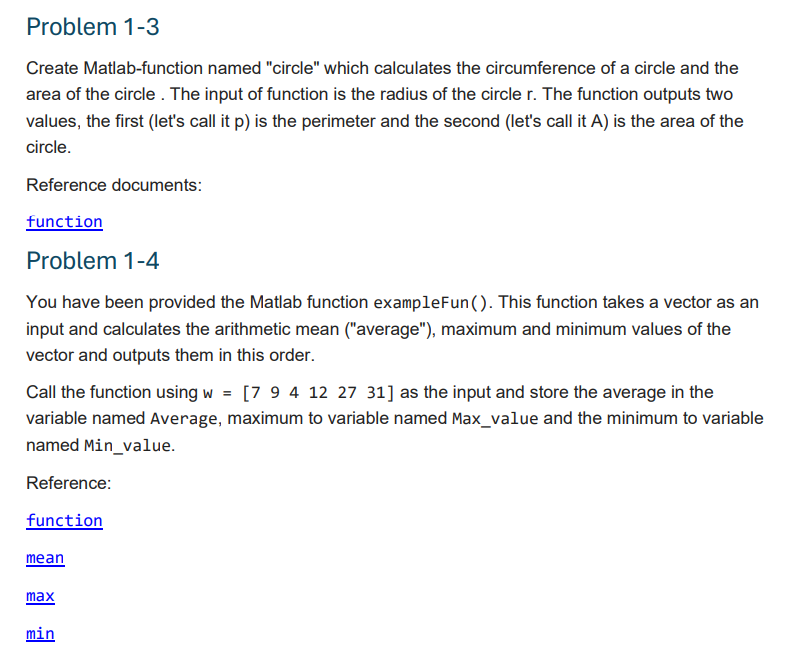 Problem 1 - 3 Create Matlab - function named