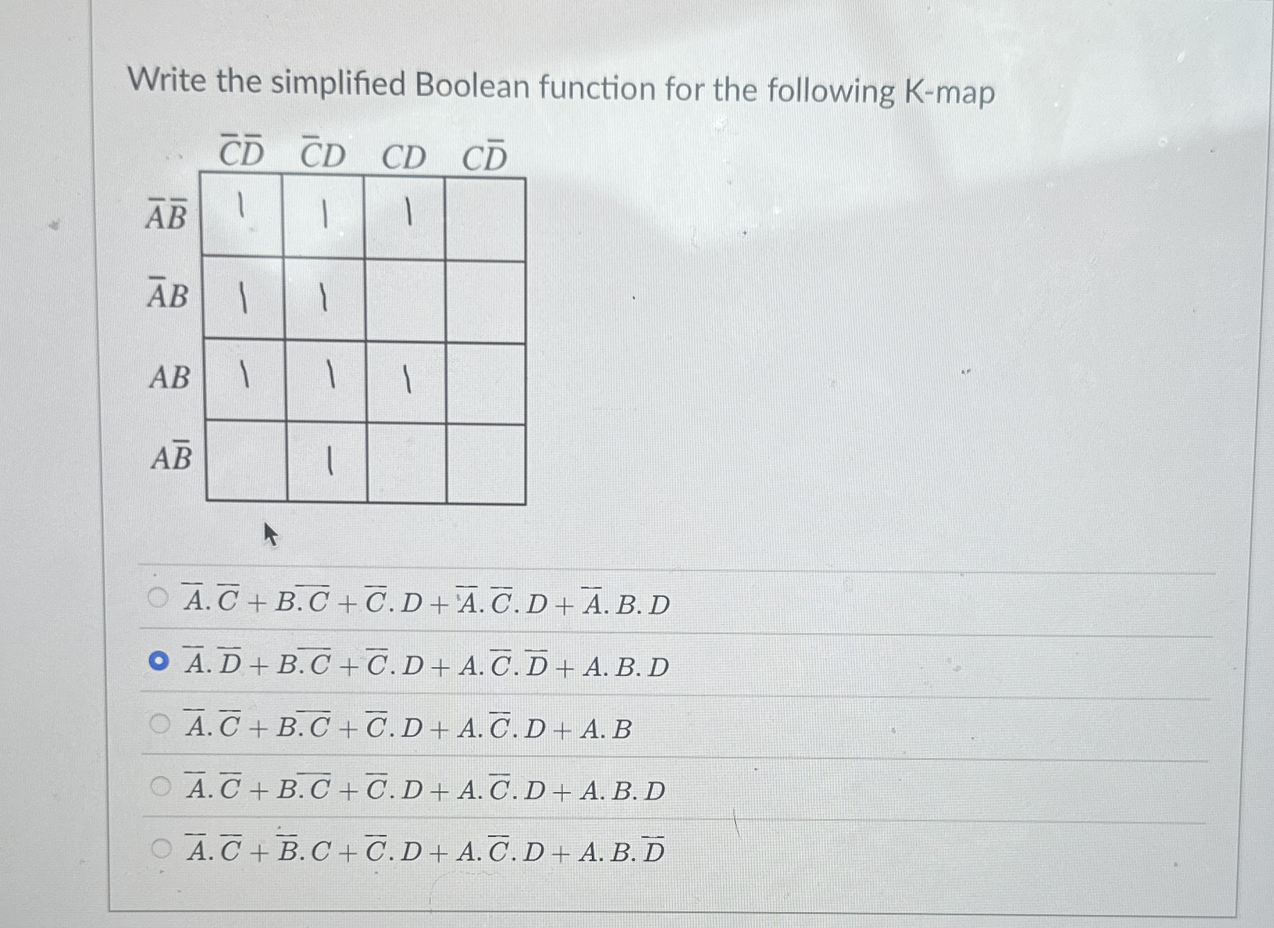 Write the simplified Boolean function for the