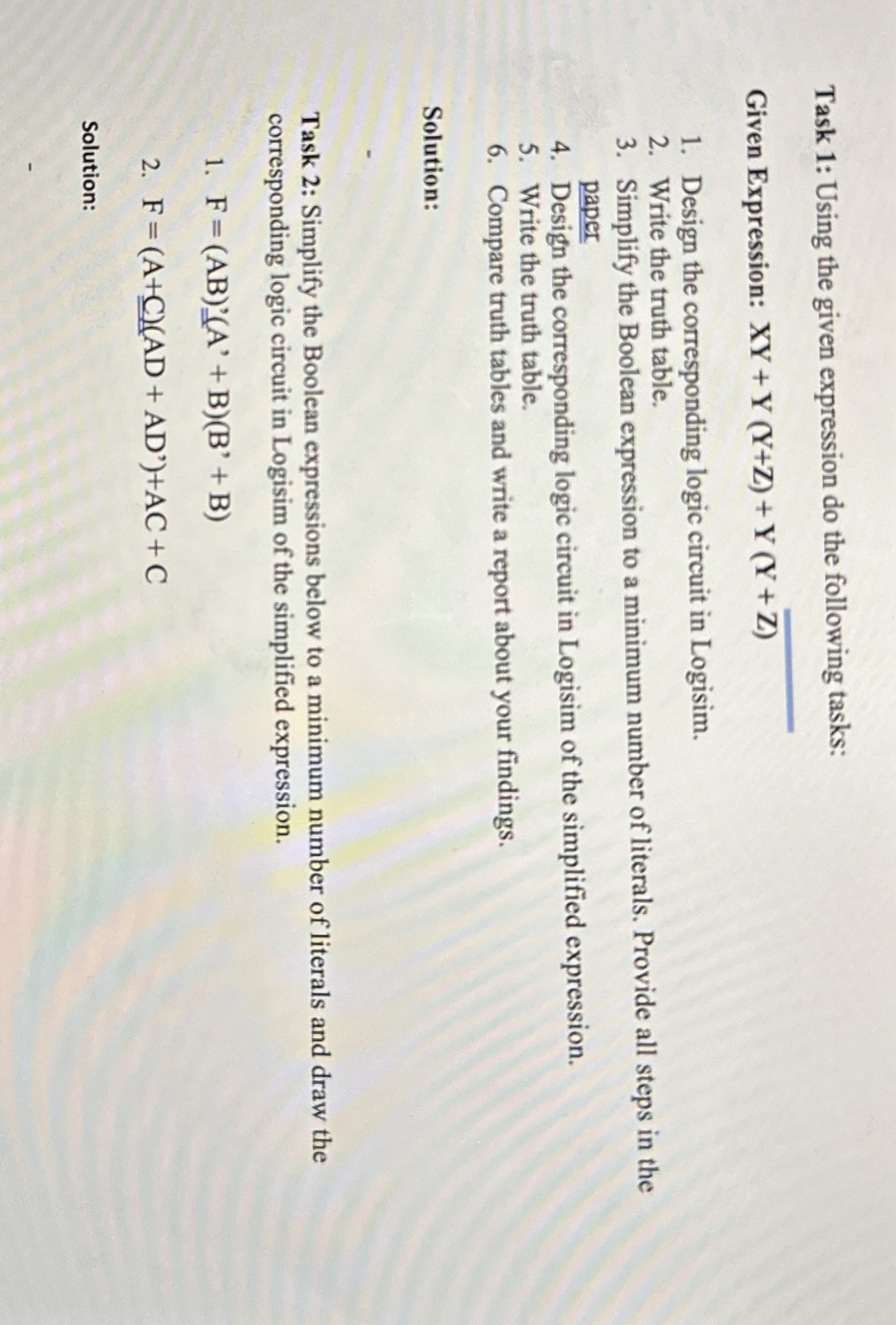 Task 1 : Using the given expression do the