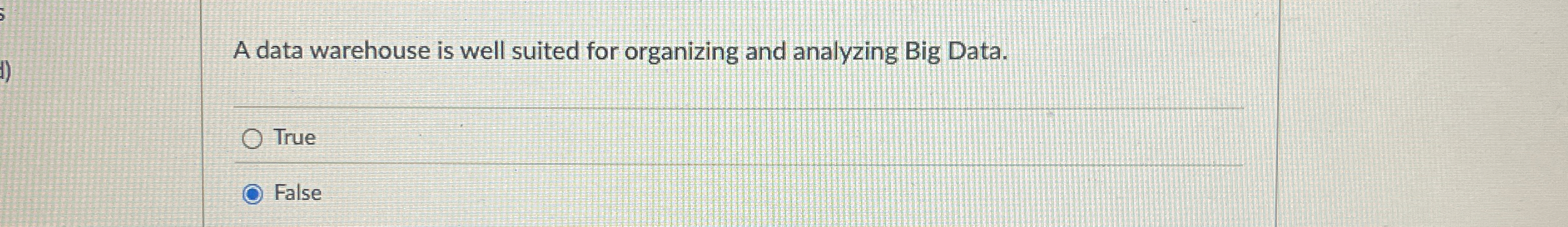 A data warehouse is well suited for organizing