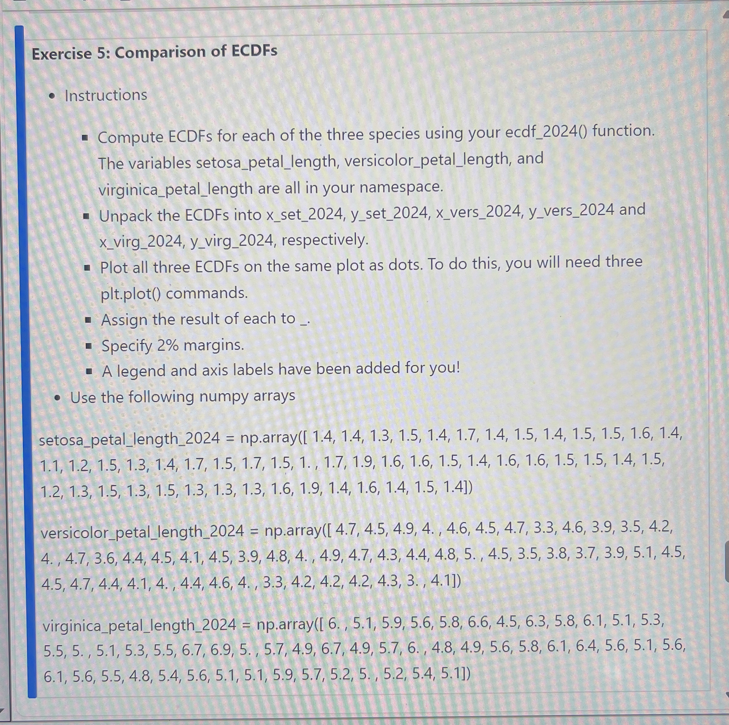 Exercise 5 : Comparison of ECDFs Instructions