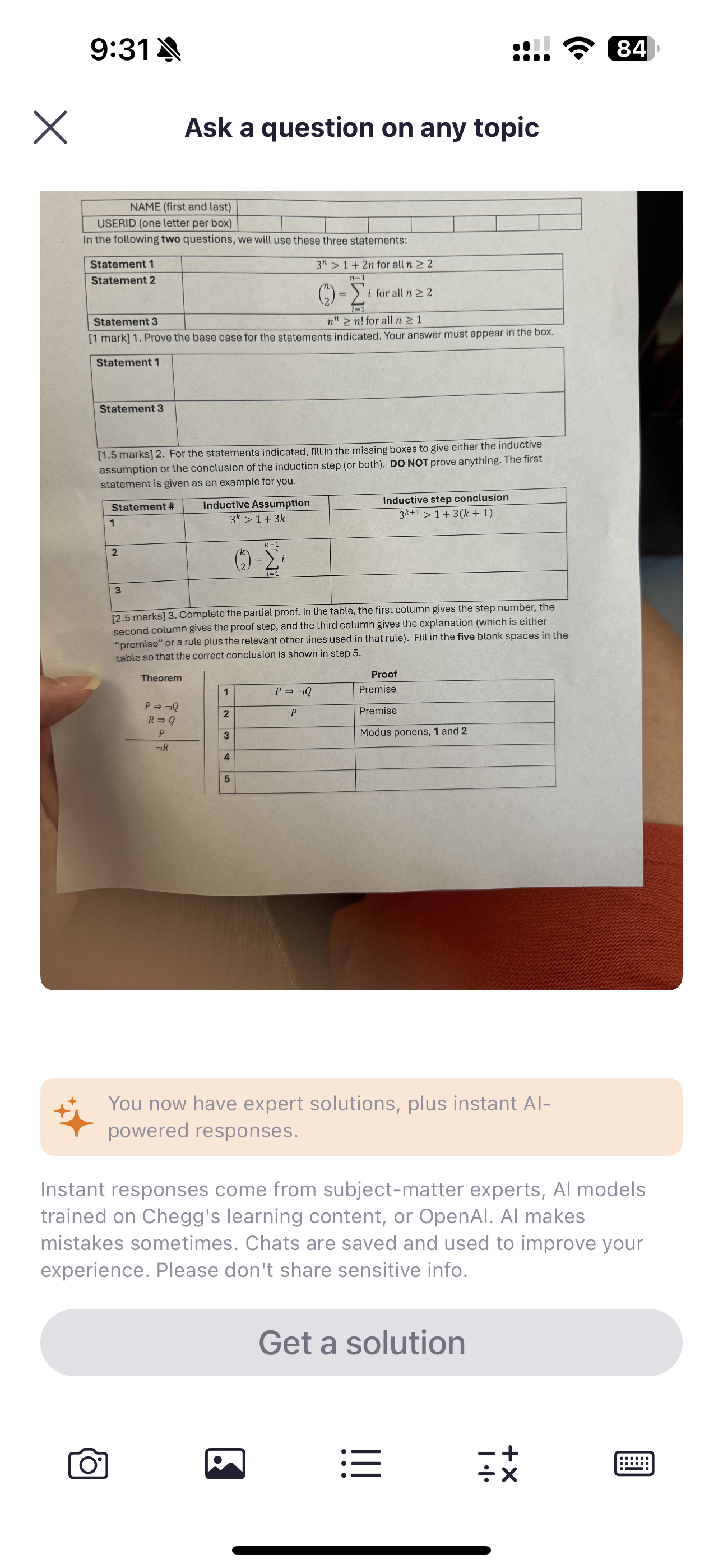 9 : 3 1 8 4 Ask a question on any topic \ table [