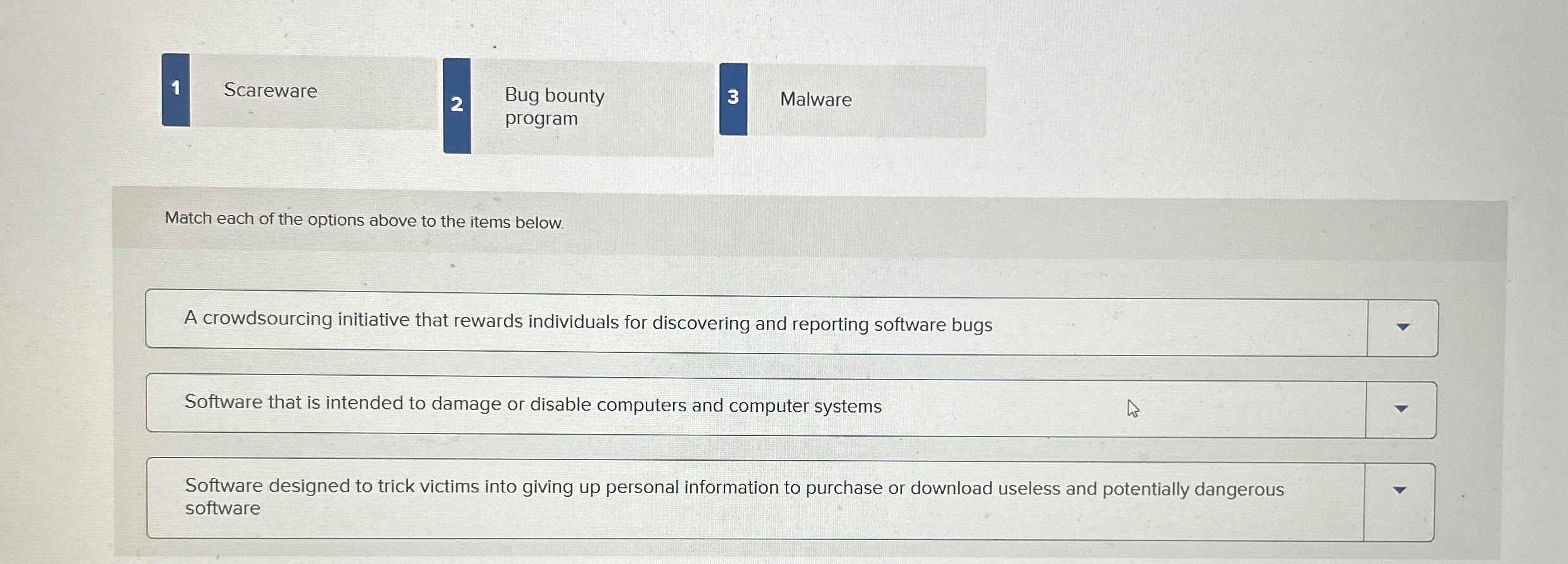 1 Scareware Bug bounty Match each of the options