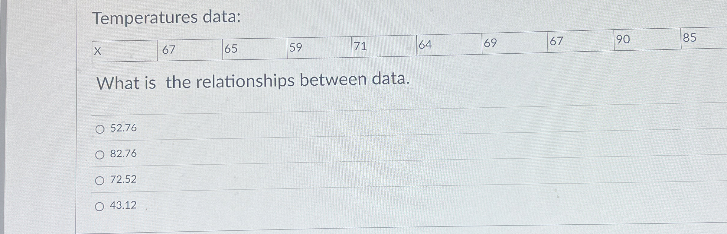 Temperatures data: \ table [ [ 6 7 , 6 5 , 5 9 ,