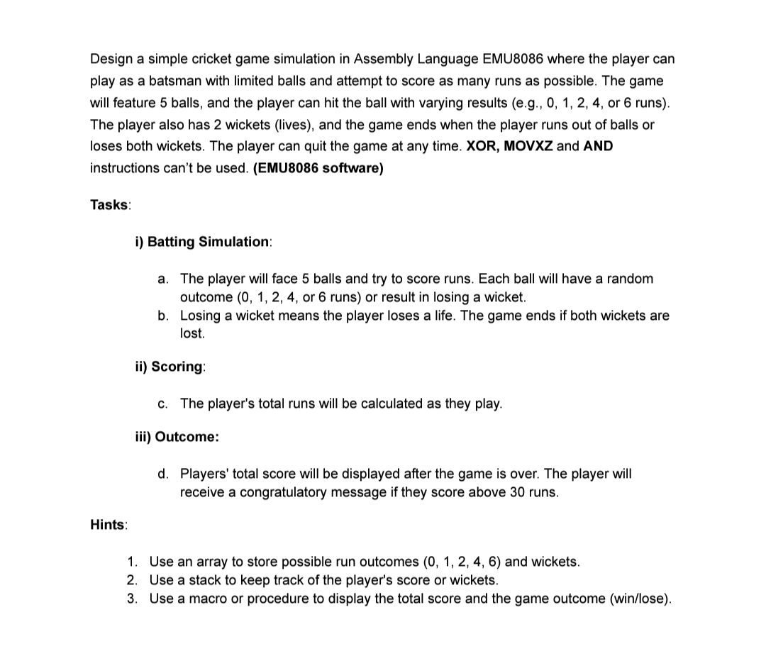 Design a simple cricket game simulation in