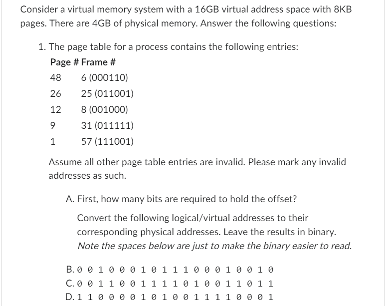 Consider a virtual memory system with a 1 6 GB