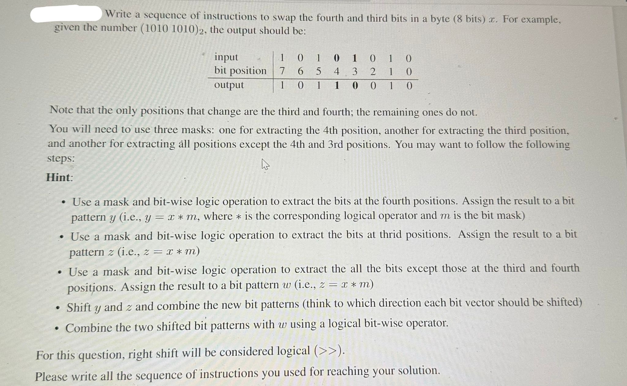 Write a sequence of instructions to swap the