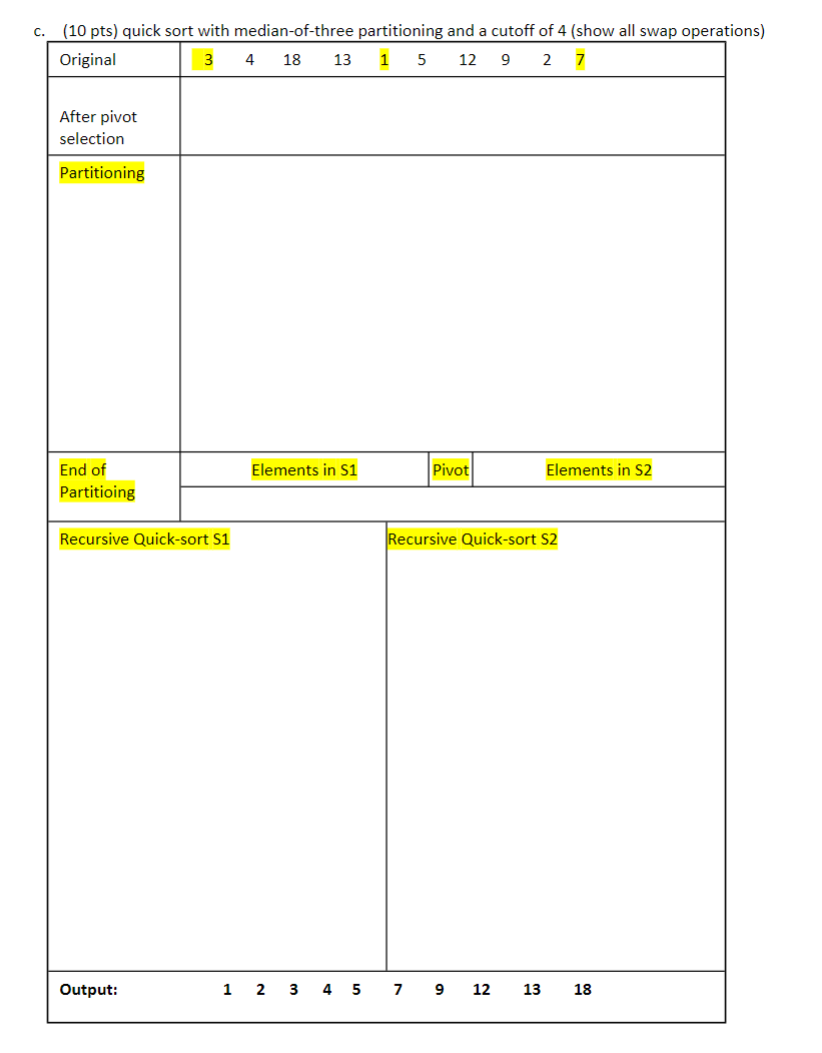 c . ( 1 0 pts ) quick sort with median - of -