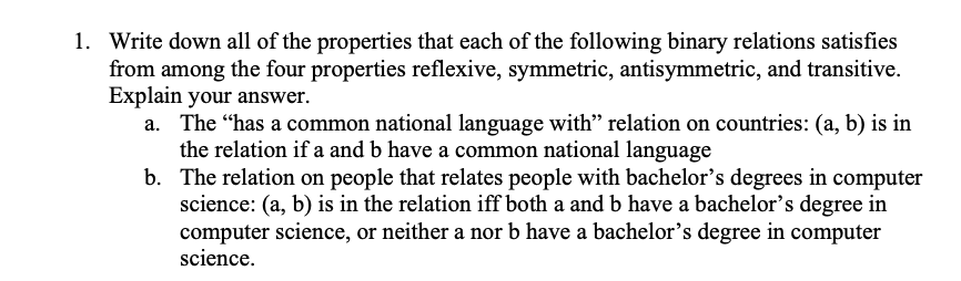 Write down all of the properties that each of the