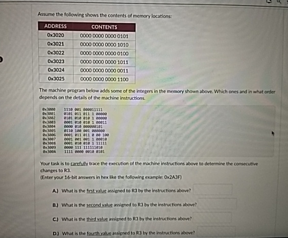 Assume the following shows the contents of memory