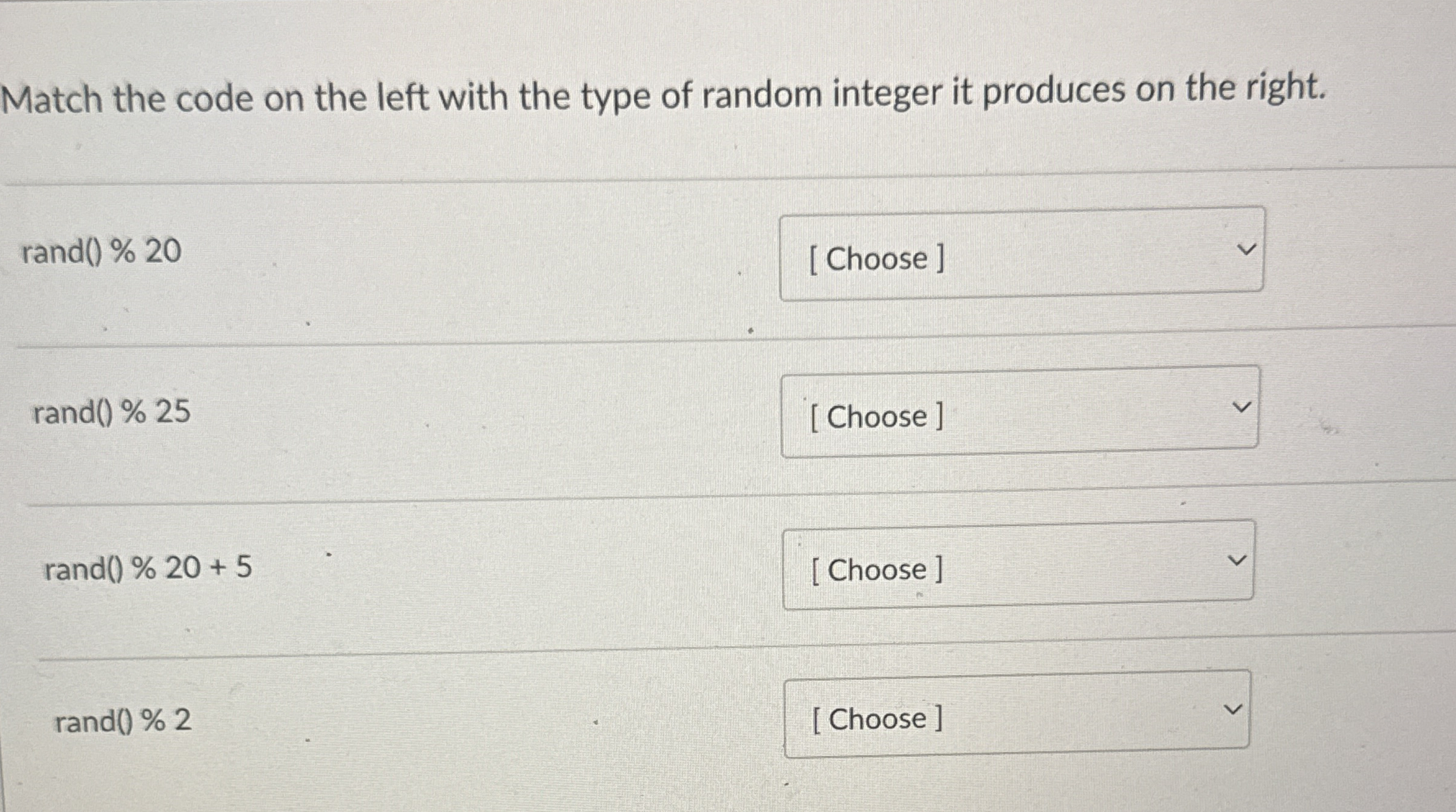 Match the code on the left with the type of