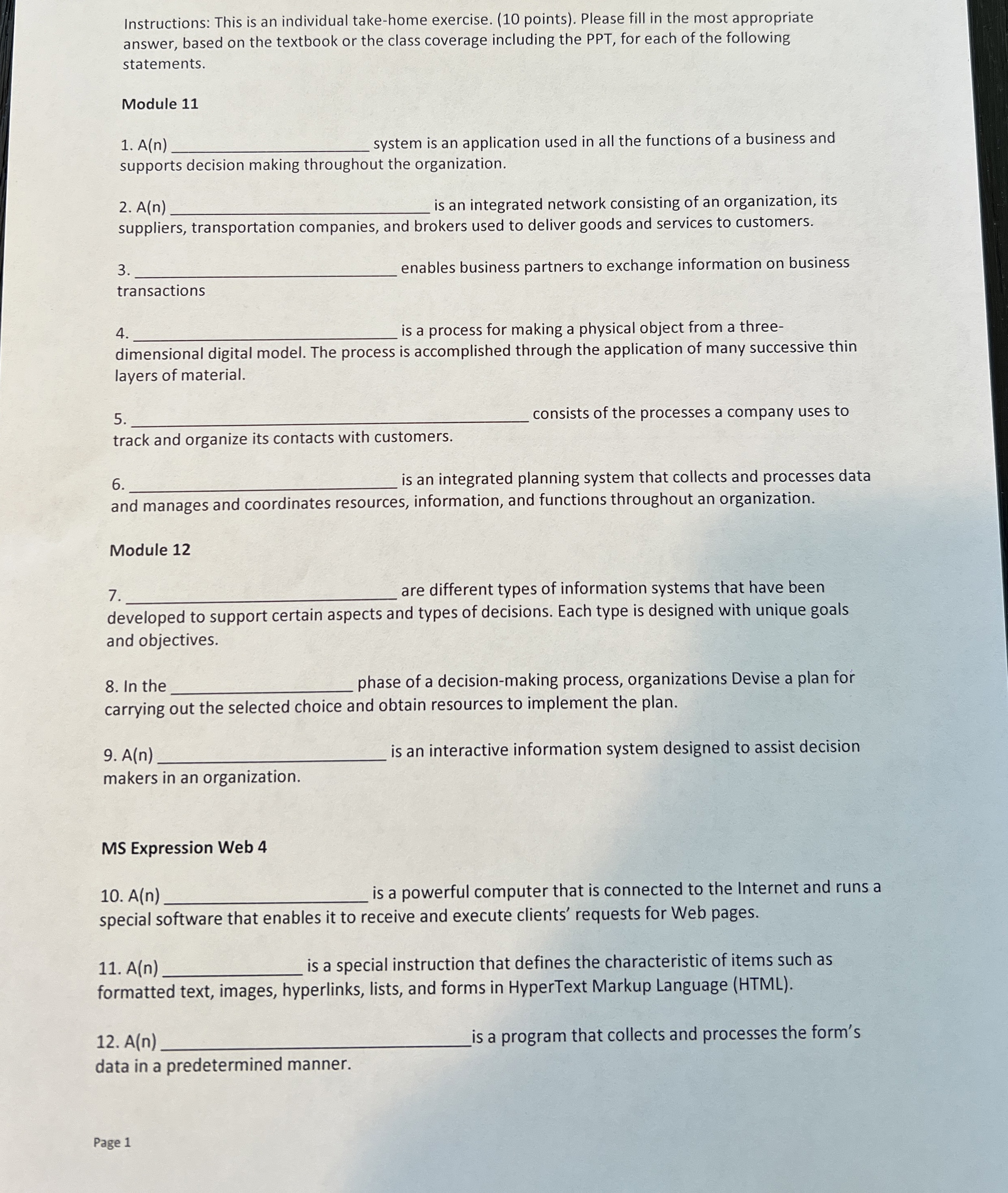 Instructions: This is an individual take - home