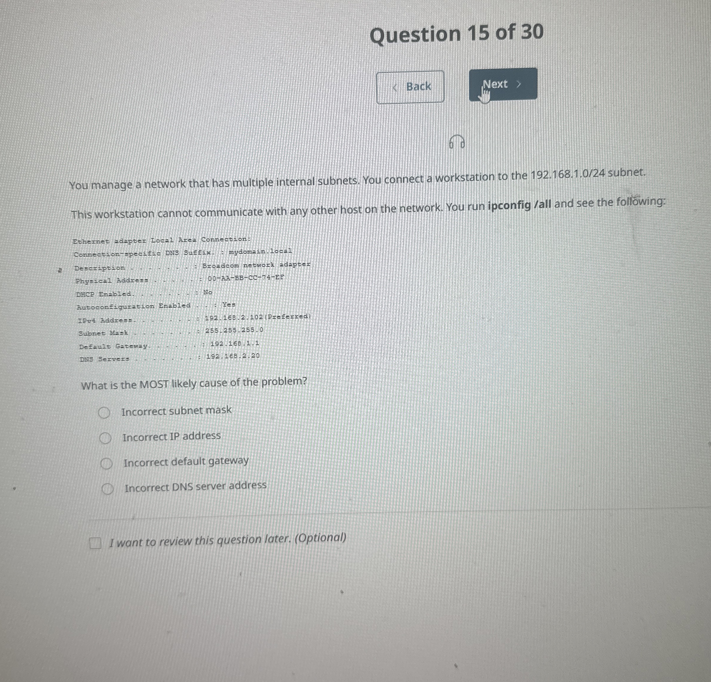 Question 1 5 of 3 0 Back Next  style=