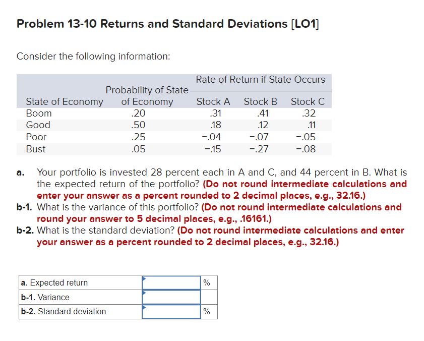 Problem 13-10 Returns and Standard Deviations