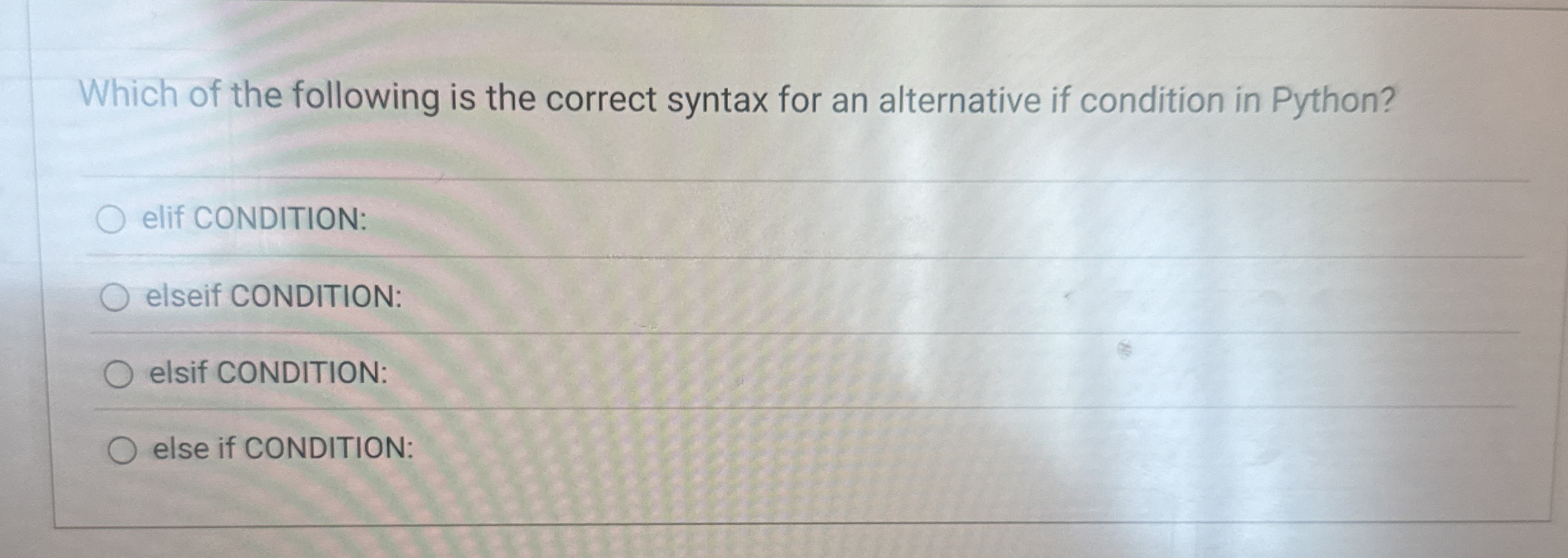 Which of the following is the correct syntax for