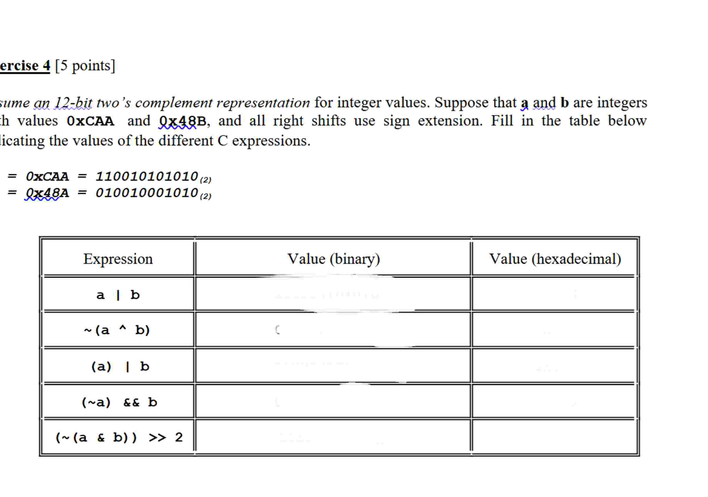 ercise 4 [ 5 points ] sume an 1 2 - bit two's