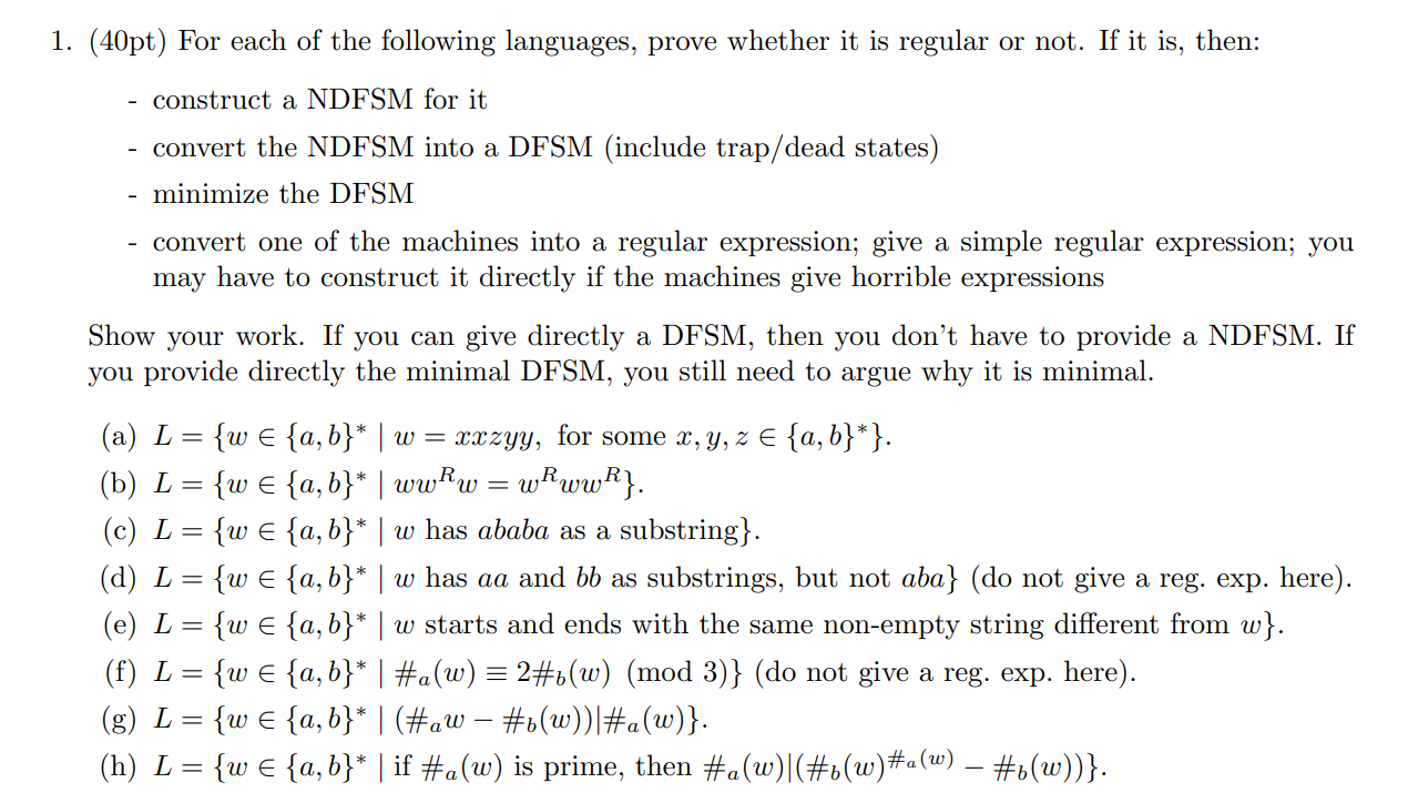 For each of the following languages, prove