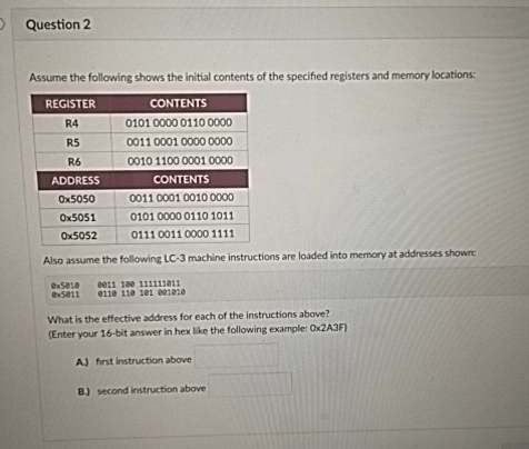Question 2 Assume the following shows the initial