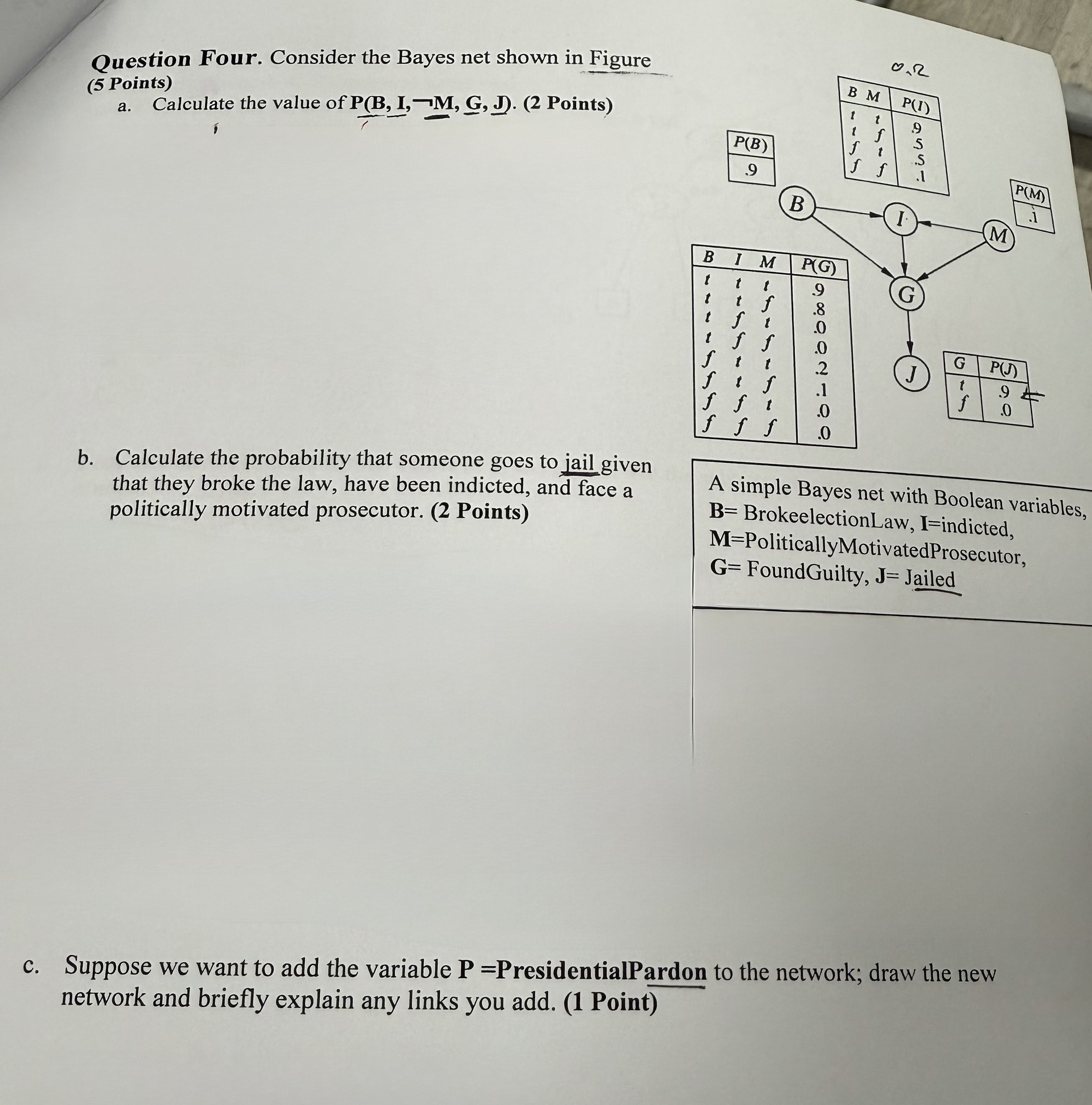 Question Four. Consider the Bayes net shown in
