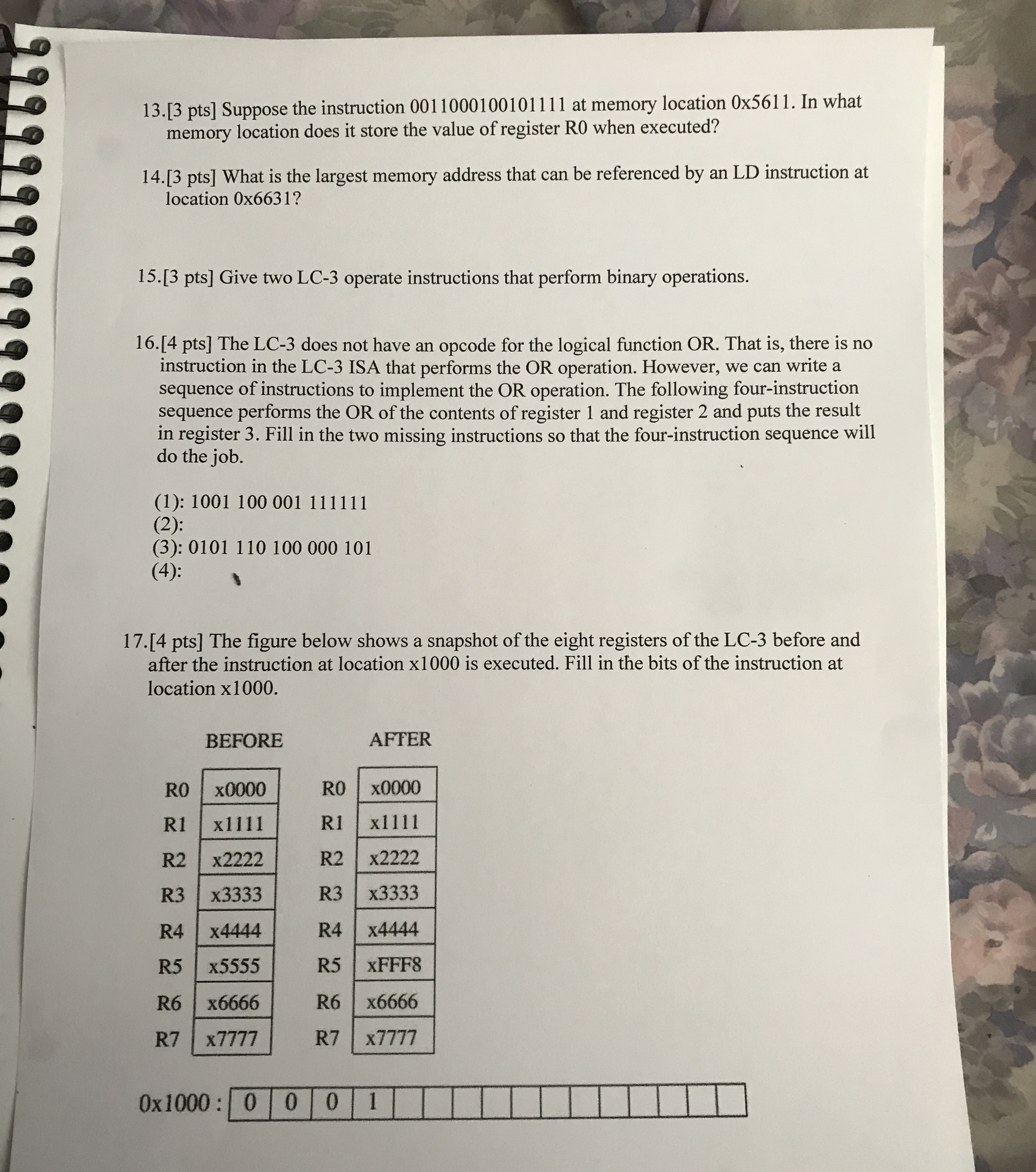 1 3 . [ 3 pts ] Suppose the instruction 0 0 1 1 0