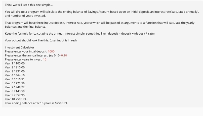 You will dreate a program will calculate the