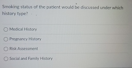 Smoking status of the patient would be discussed