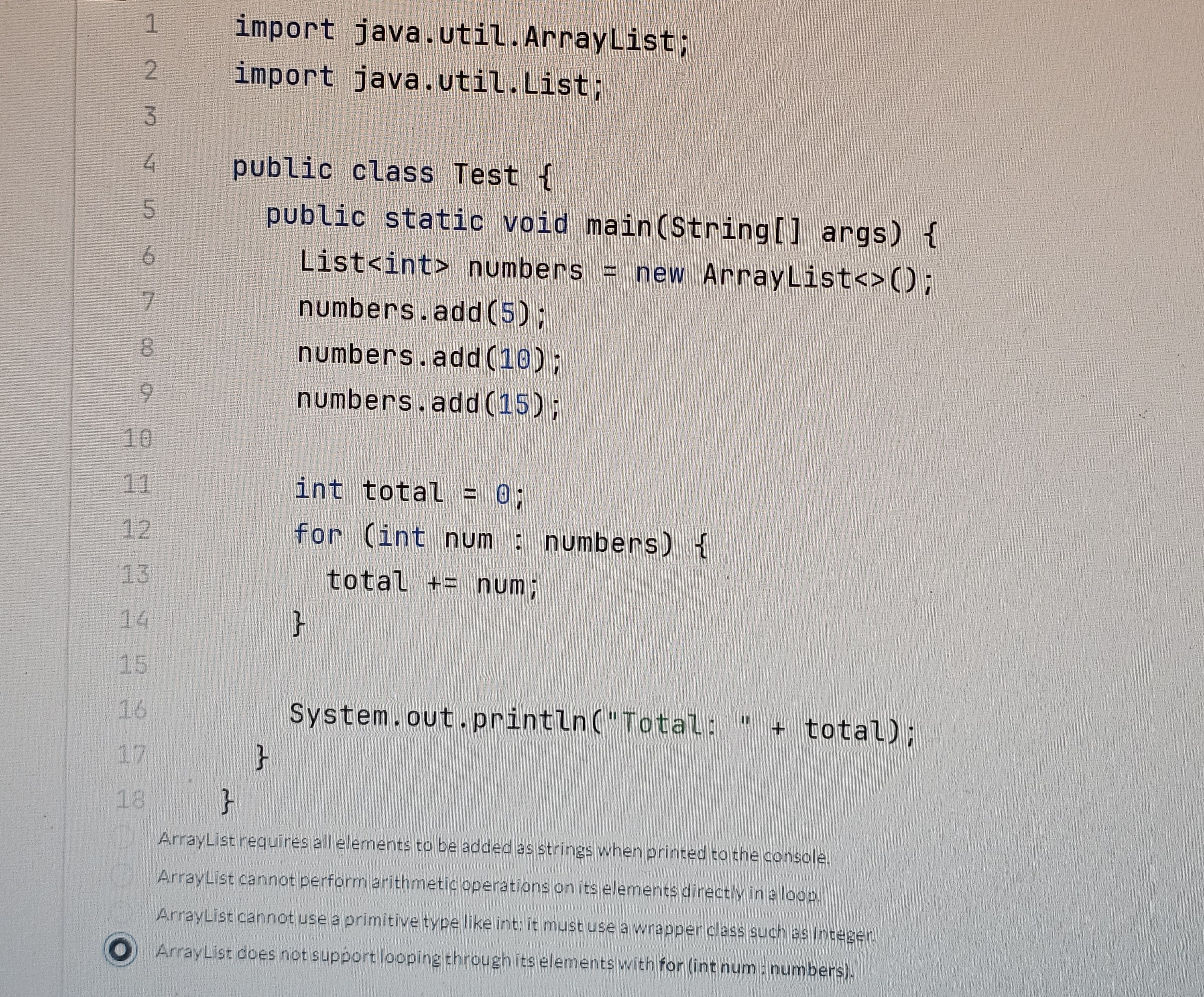 ` ` ` import java.util.ArrayList; import