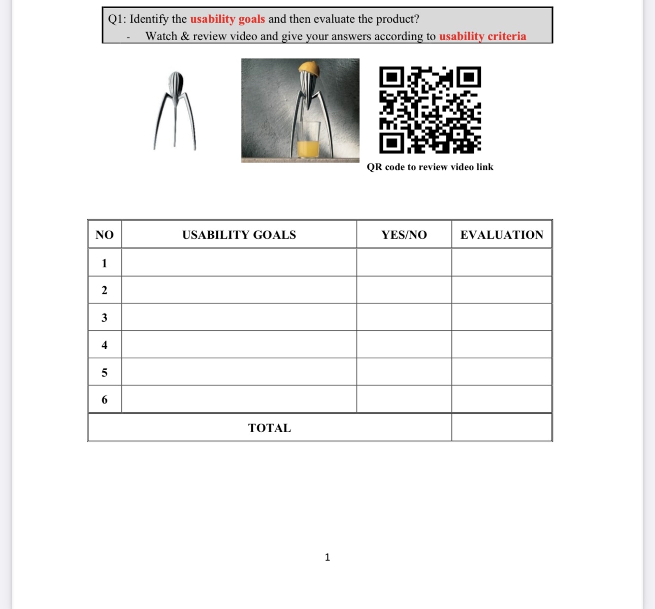 Q 1 : Identify the usability goals and then