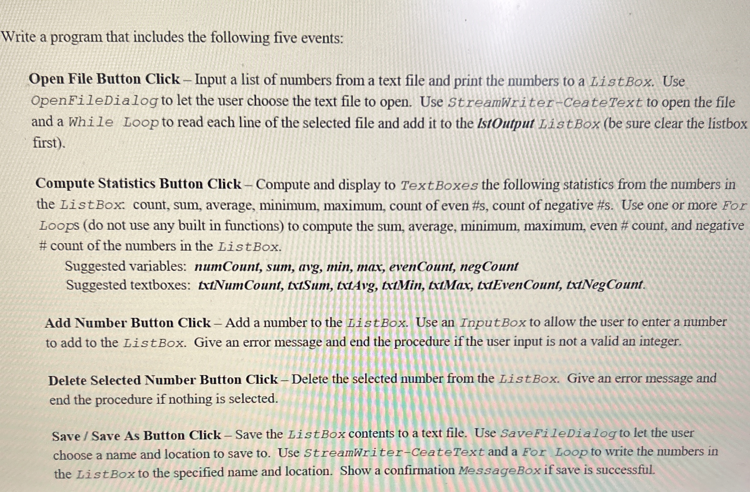 Write a program that includes the following five
