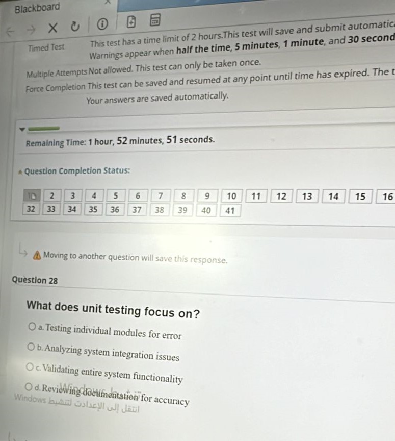 What does unit testing focus on ? a . Testing