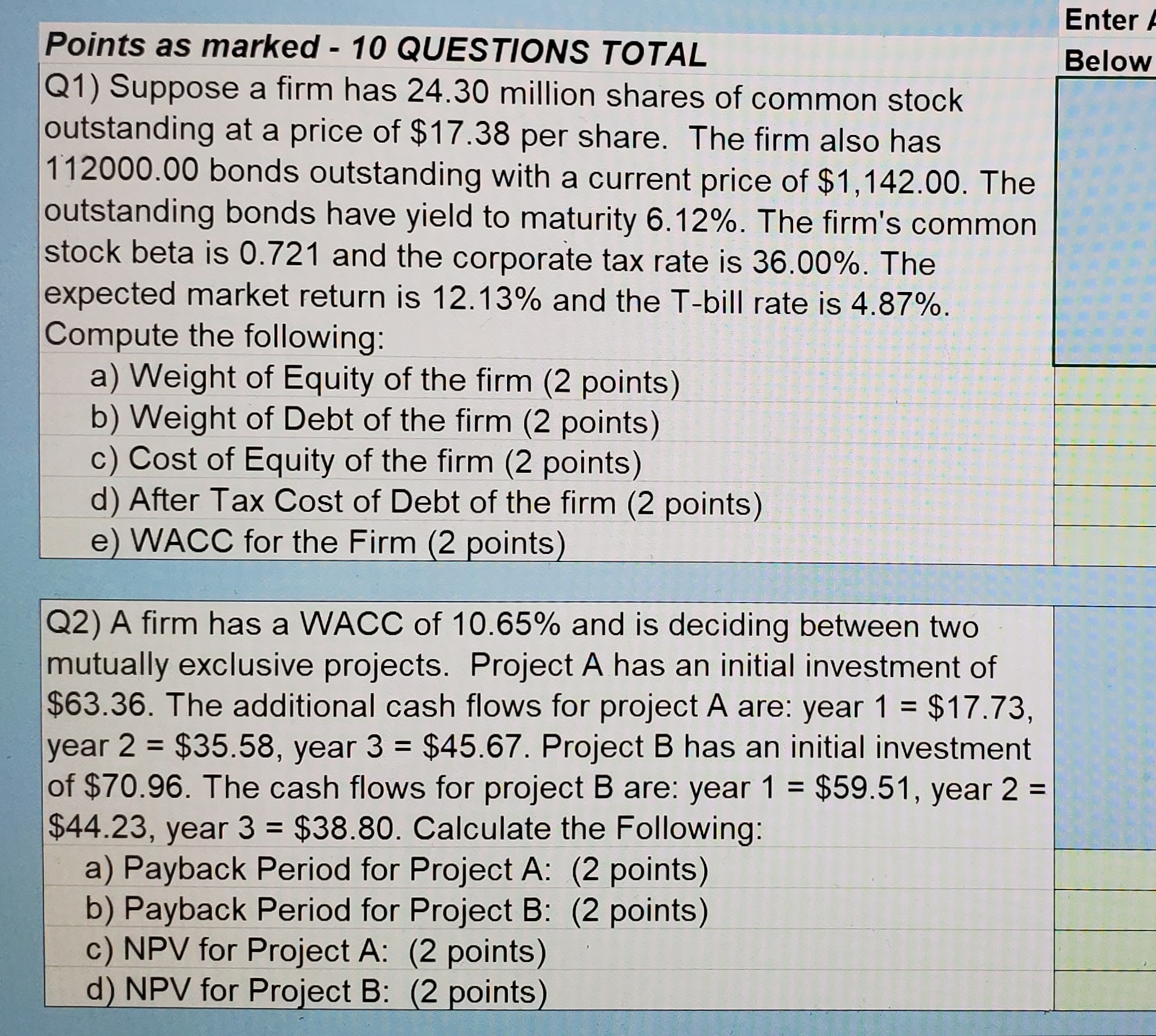 2 decimal places Enter A Points as marked - 10